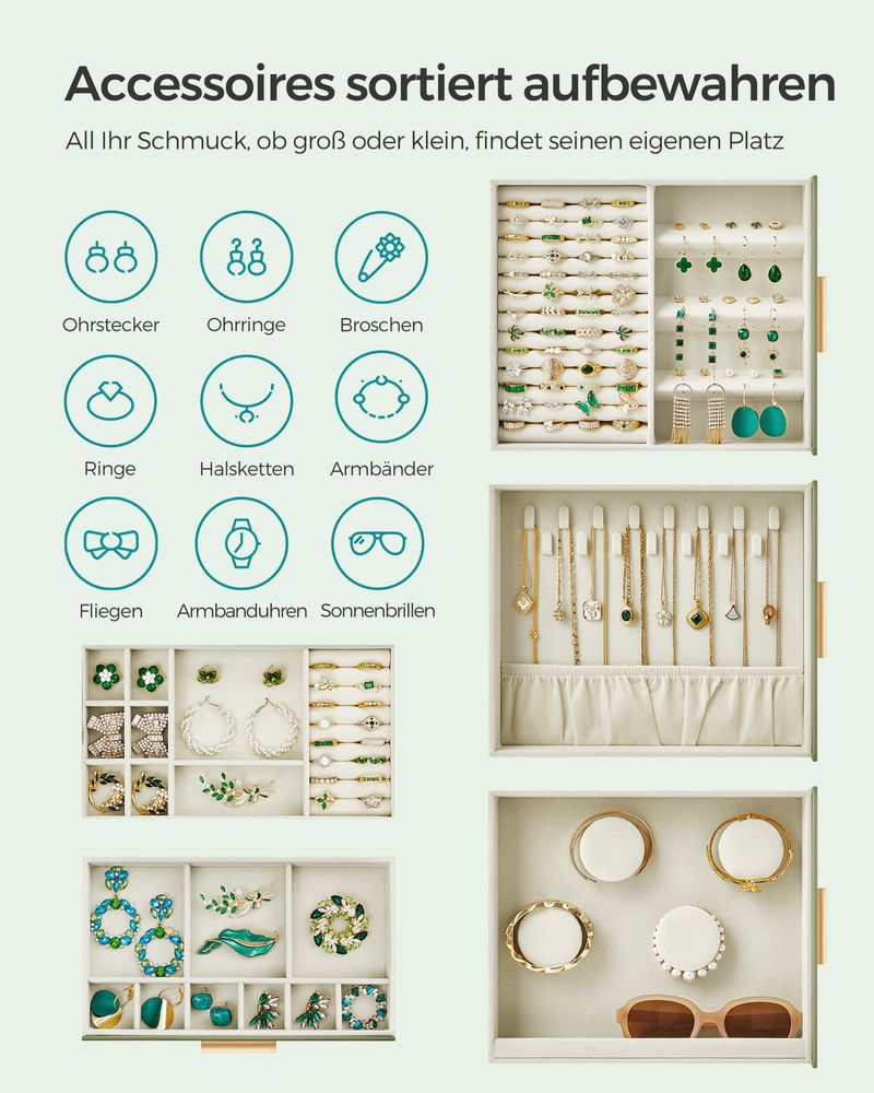 Songmics Κουτί Αποθήκευσης Κοσμημάτων με Καθρέπτη - Laurel Green / Metallic Gold - JBC162C02