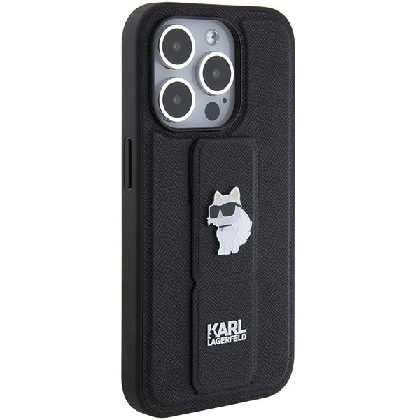 Karl Lagerfeld iPhone 15 Pro Max - Gripstand Saffiano Choupette Pin Σκληρή Θήκη με Επένδυση Συνθετικού Δέρματος και Stand - Black - KLHCP15XGSACHPK
