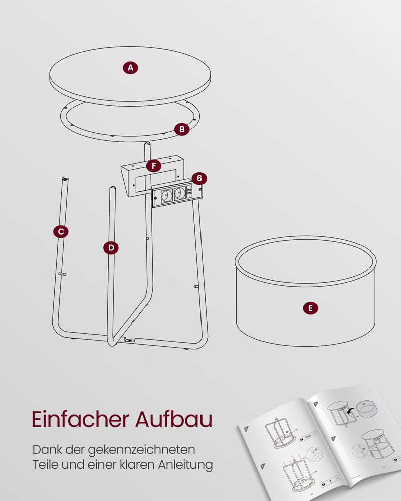 Vasagle Στρόγγυλο Βοηθητικό Τραπέζι με Υφασμάτινο Καλάθι Αποθήκευσης και Ενσωματωμένο Πολύπριζο - Dove Grey / Slate Grey - LET228G02