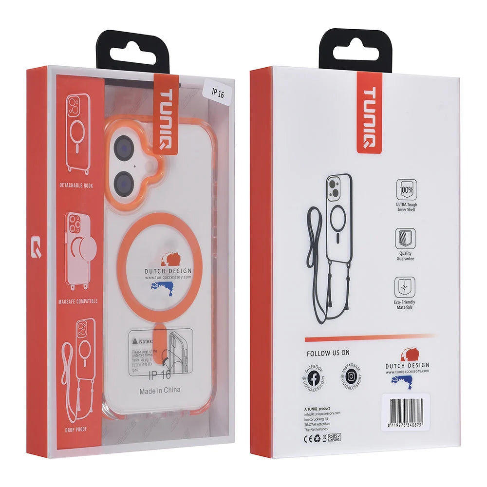 Tuniq iPhone 16 - MagSafe Σκληρή Θήκη με Πλαίσιο Σιλικόνης και Λουράκι - Διάφανη / Orange
