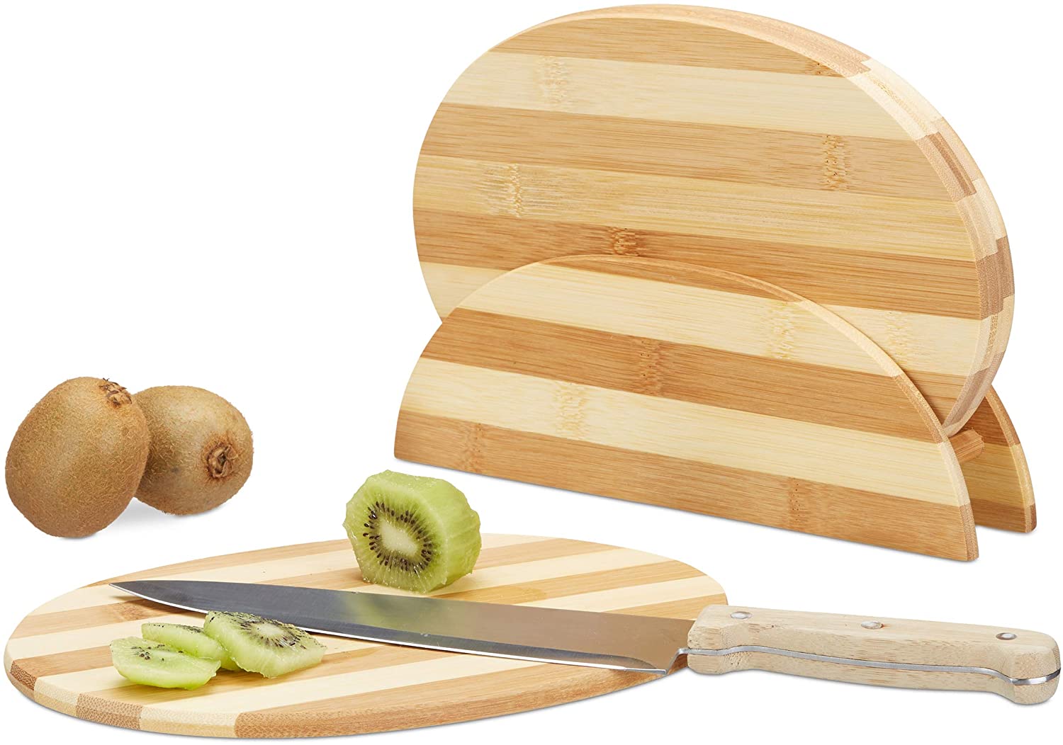 Relaxdays Σετ με 4 Σανίδες Κοπής από Μπαμπού με Βάση - Brown / Light Brown - 4052025188764