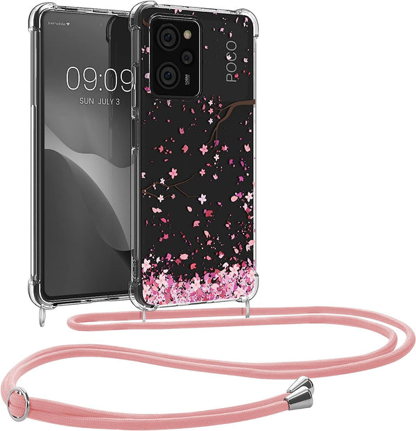 KW Xiaomi Poco X5 Pro 5G Θήκη Σιλικόνης TPU με Λουράκι Design Cherry Petals - Pink / Dark Brown / Διάφανη - 60901.01