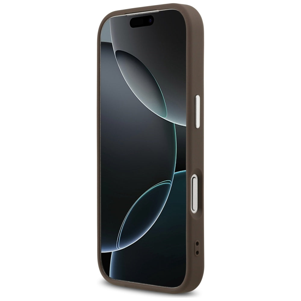 Guess iPhone 17 Pro - 4G Triangle Logo MagSafe - Σκληρή Θήκη με Πλαίσιο Σιλικόνης και Επένδυση Συνθετικού Δέρματος - Brown / Silver - GUHMP17LP4TSRCMW