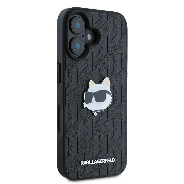 Karl Lagerfeld iPhone 16 - Monogram Choupette Head Pin Σκληρή Θήκη με Επένδυση Συνθετικού Δέρματος - Black - KLHCP16SPGKLCHPK