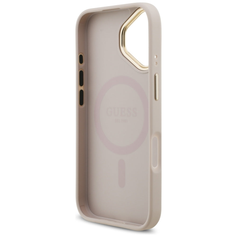 Guess iPhone 17 - 4G Strass Logo and Big Strap Metal Buttons MagSafe - Θήκη με Επένδυση Συνθετικού Δέρματος και Λουράκι - Pink - GUHMP17SP4G4DCSP