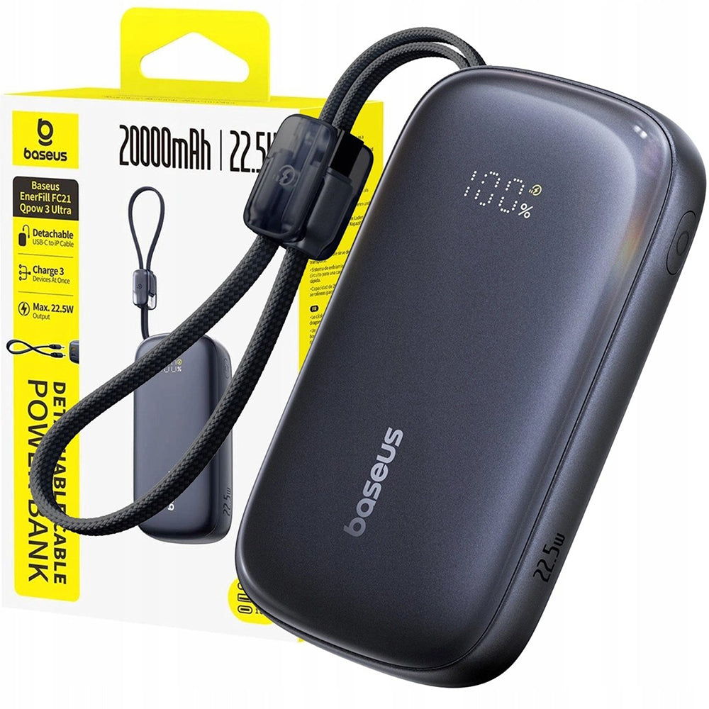 Baseus PowerBank 10.000mAh με Θύρες USB / Type-C / Lightning και Αποσπώμενο Καλώδιo 2 σε 1 Type-C / Lightning - EnerFill FC21 Qpow3 Ultra - Cosmic Black