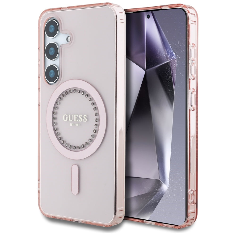 Guess Samsung Galaxy S25 - Rhinestones Printed Classic Logo - MagSafe Σκληρή Θήκη με Πλαίσιο Σιλικόνης - Pink - GUHMS25SPFTDTEP