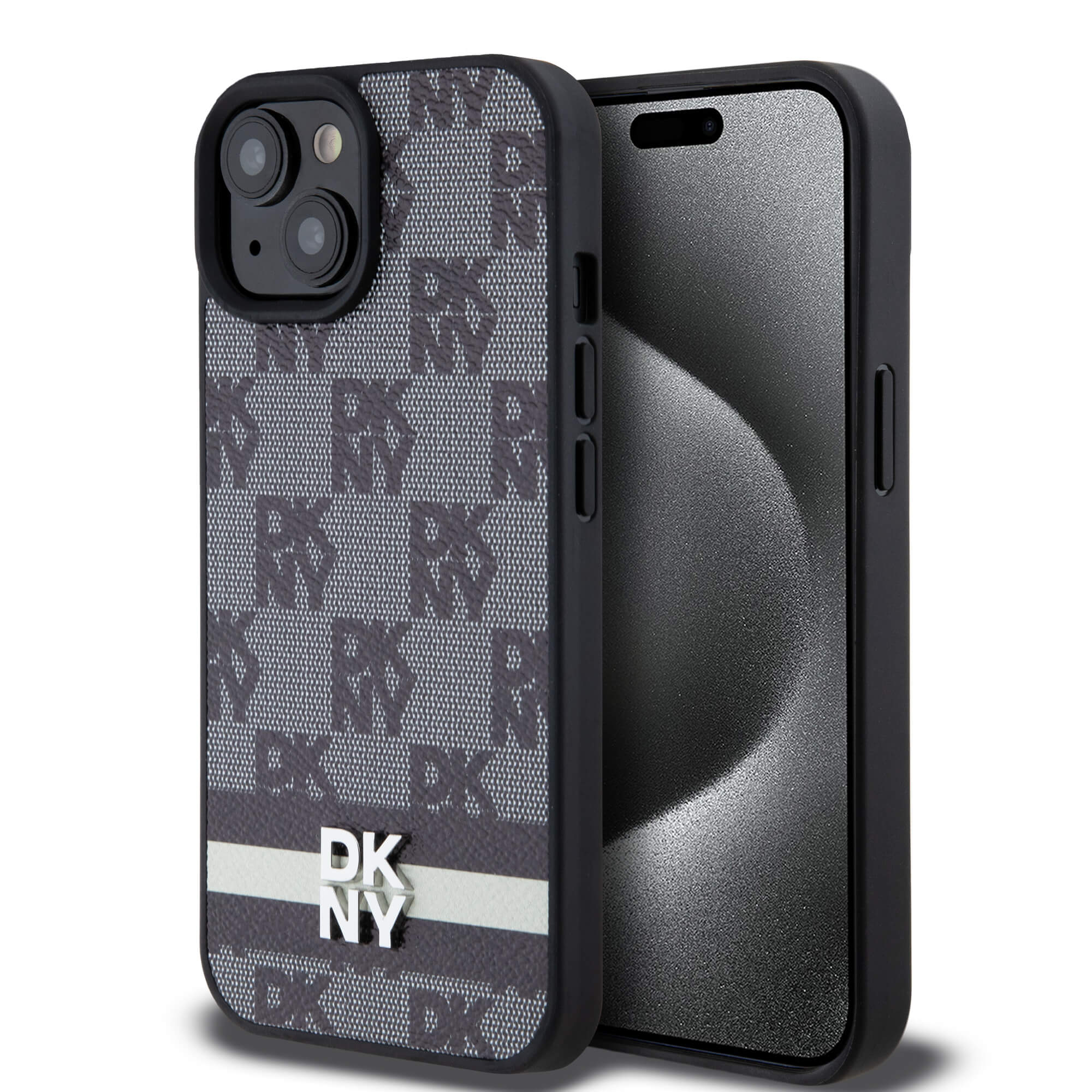 DKNY iPhone 15 / 14 / 13 - Leather Checkered Mono Pattern and Printed Stripes - Σκληρή Θήκη με Επένδυση Συνθετικού Δέρματος - Black