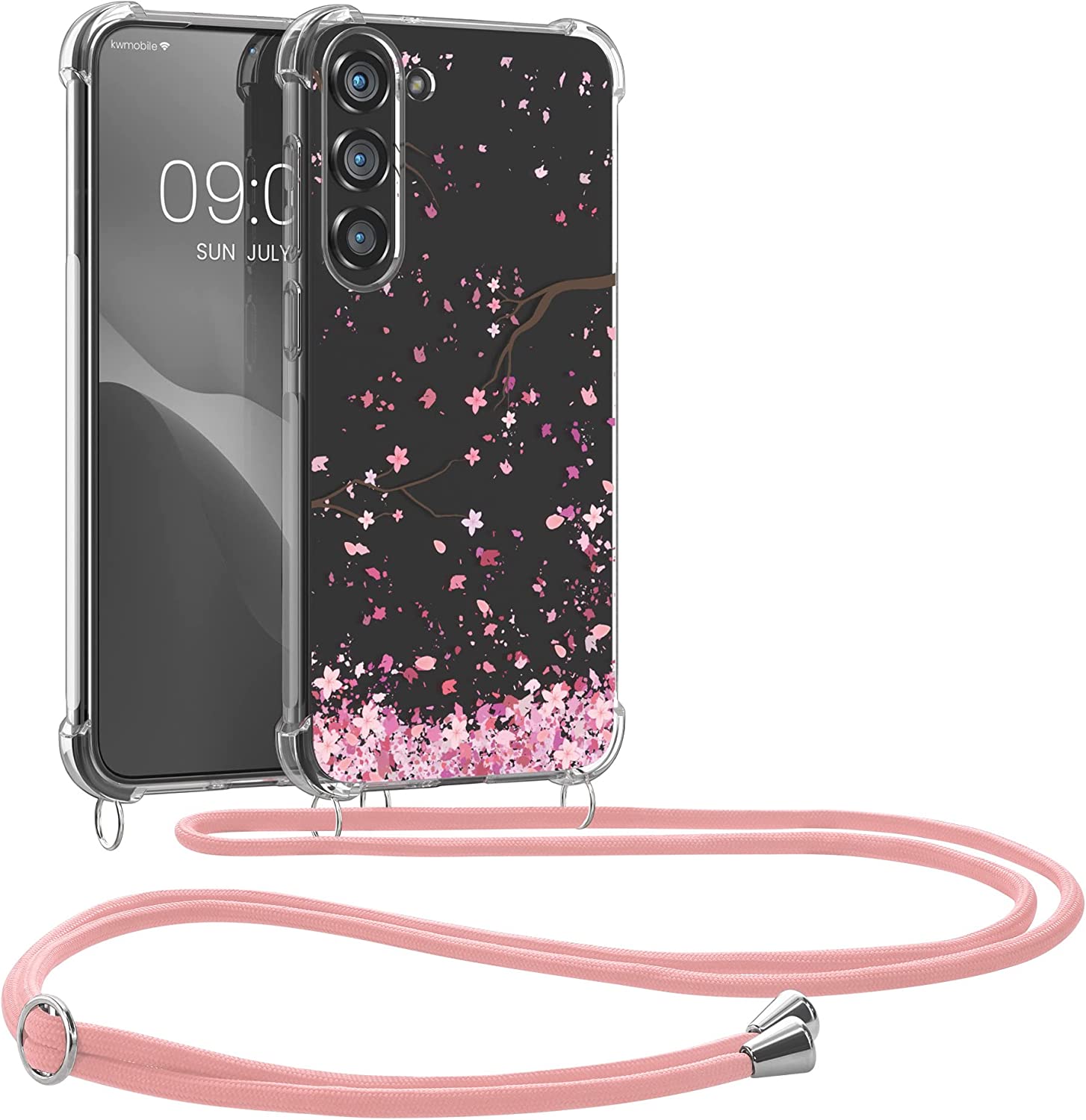 KW Samsung Galaxy S23+ Θήκη Σιλικόνης TPU με Λουράκι Design Cherry Blossoms - Pink / Dark Brown - Διάφανη - 60326.02