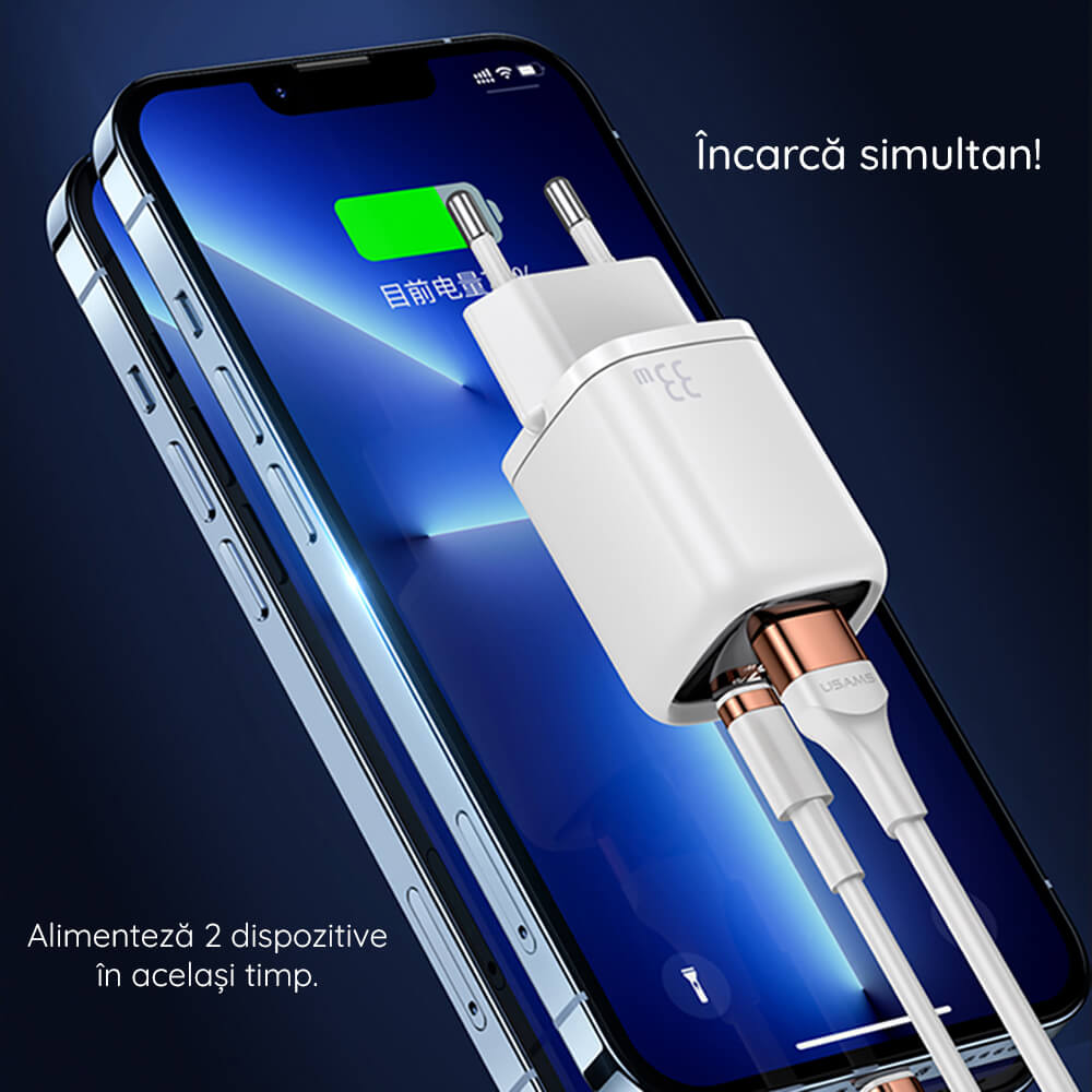 Usams Travel Charger Kit 33W Οικιακός Φορτιστής με 1 Θύρα Type-C και 1 Θύρα USB και καλώδιο Type-C to Lightning 20W - Black - UDTZ01