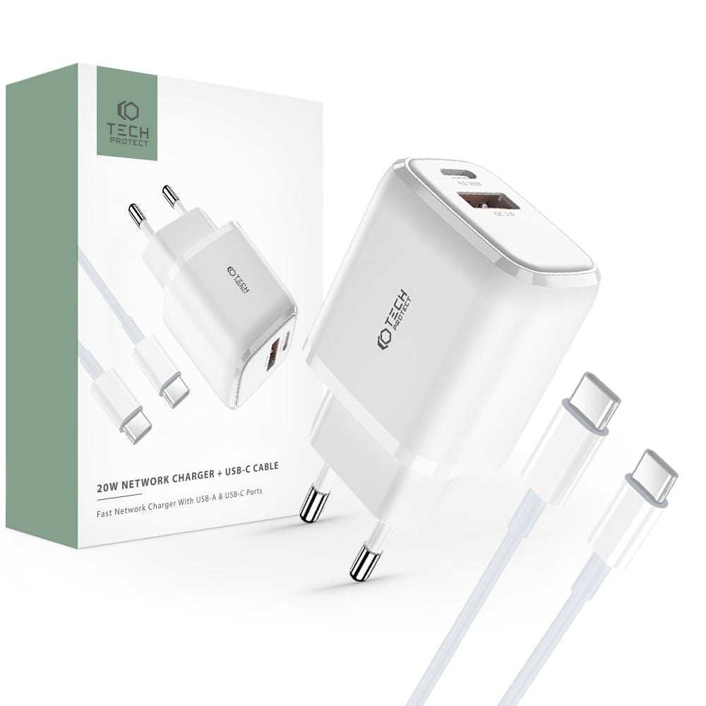 Tech - Protect C20W QC3.0 Οικιακός Φορτιστής Γρήγορης Φόρτισης με 1 Θύρα USB και 1 Θύρα Type C και Καλώδιο Type - C to Type - C - White