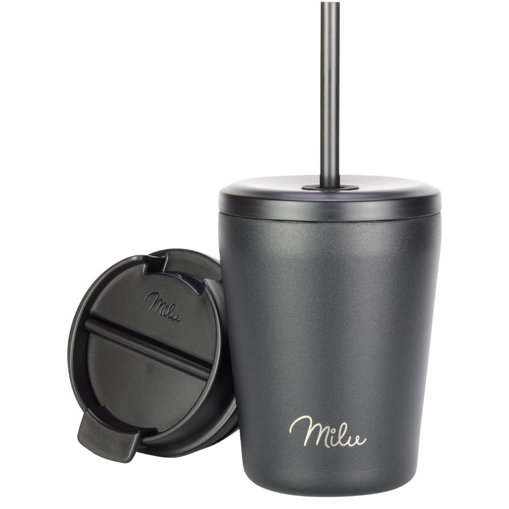 Milu T10 Κούπα Θερμός Από Ανοξείδωτο Ατσάλι με 2 Καπάκια και 2 Καλαμάκια - 100% Στεγανή - 300 ml - Black - 1150