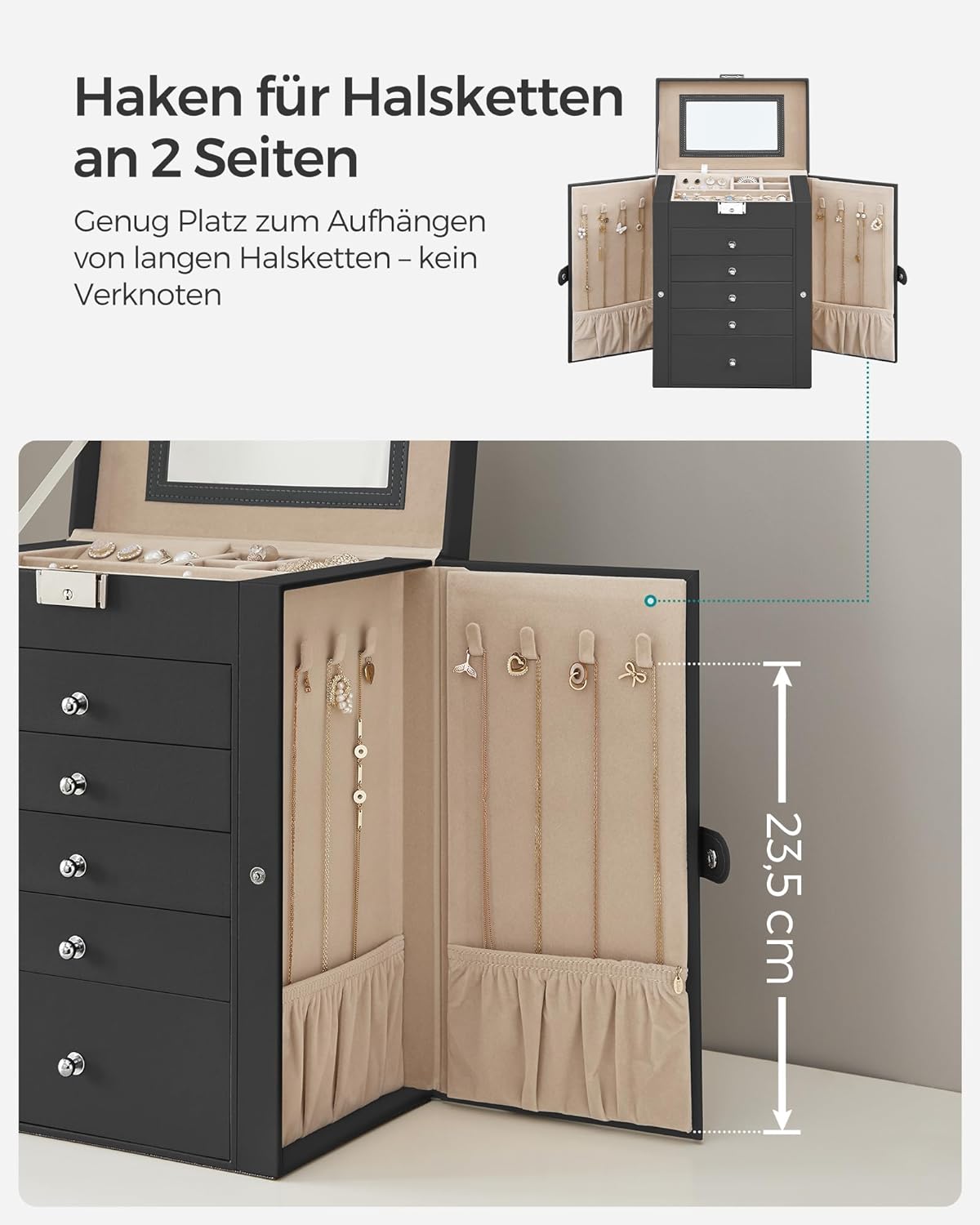 Songmics Φορητό Κουτί Αποθήκευσης Κοσμημάτων 6 Επιπέδων με Καθρέπτη - Black - JBC152B01