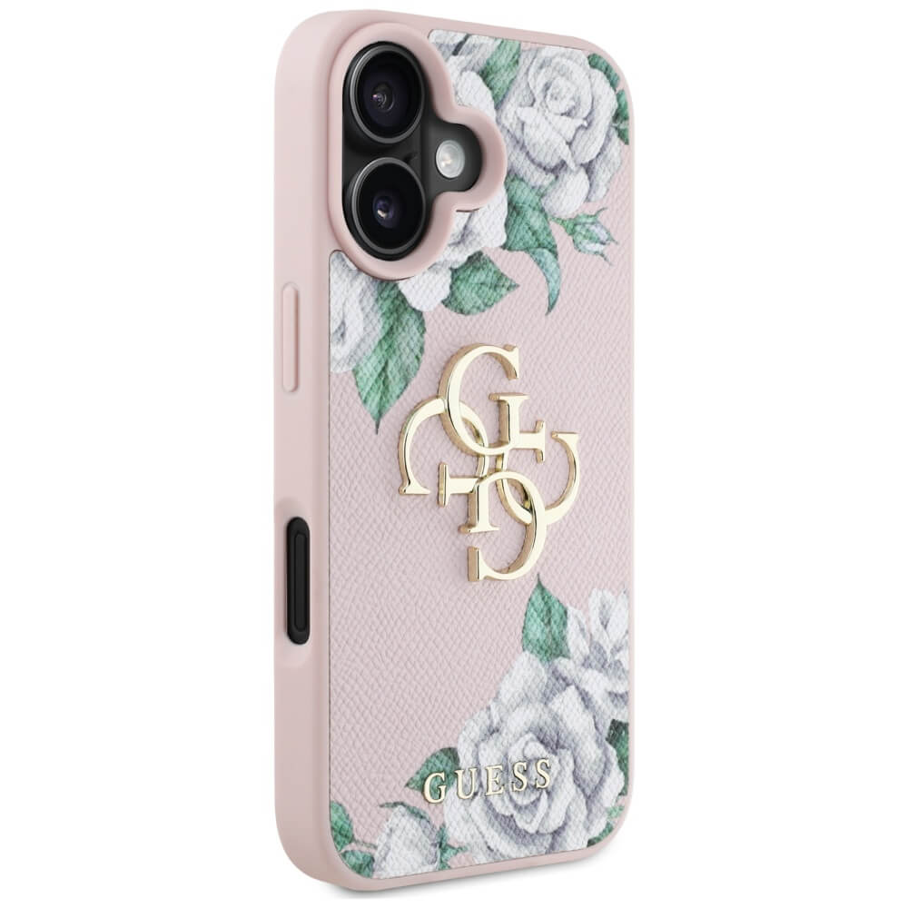 Guess iPhone 16 - Grained Roses Big 4G Logo - Σκληρή Θήκη με Επένδυση από Οικολογικό Δέρμα - Pink - GUHCP16SPGROP4MP