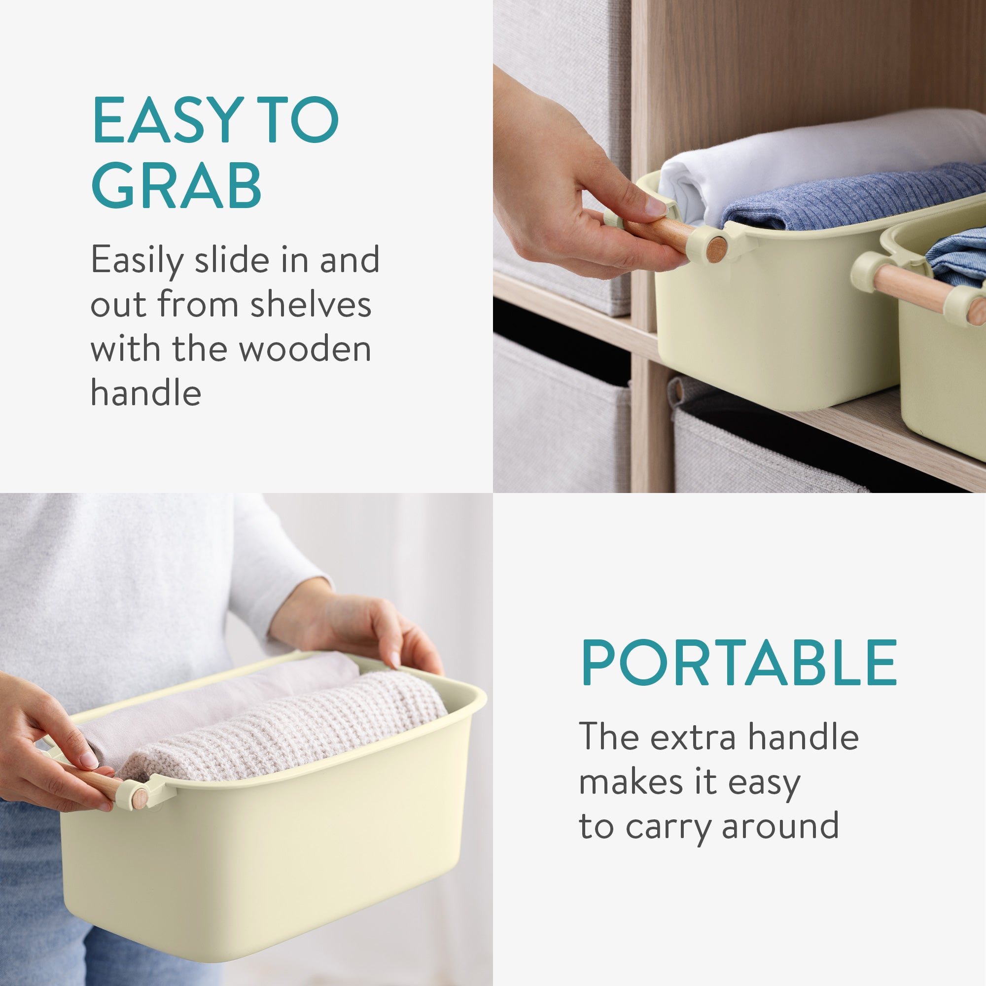 Navaris Σετ με 4 Πλαστικά Δοχεία Αποθήκευσης με Ξύλινη Λαβή - Cream - 56126.02 - likebrands.gr