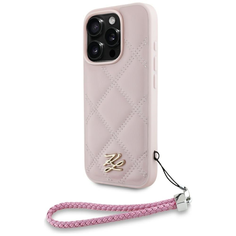 Karl Lagerfeld iPhone 16 Pro - Quilted Initial Logo and Chain Strap - Θήκη με Επένδυση Συνθετικού Δέρματος και Λουράκι - Pink - KLHCP16LPSQSKLSMSP