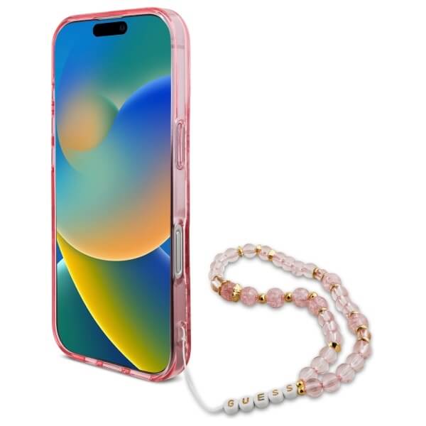 Guess iPhone 16 Pro Max - IML Flowers With Pearl Strap MagSafe - Σκληρή Θήκη με Πλαίσιο Σιλικόνης και Λουράκι - Pink - GUHMP16XHFWBRCESP
