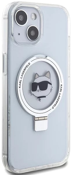 Karl Lagerfeld iPhone 15 Ring Stand Choupette Head MagSafe Σκληρή Θήκη με Πλαίσιο Σιλικόνης και MagSafe - Διάφανη / Silver - KLHMP15SHMRSCHH