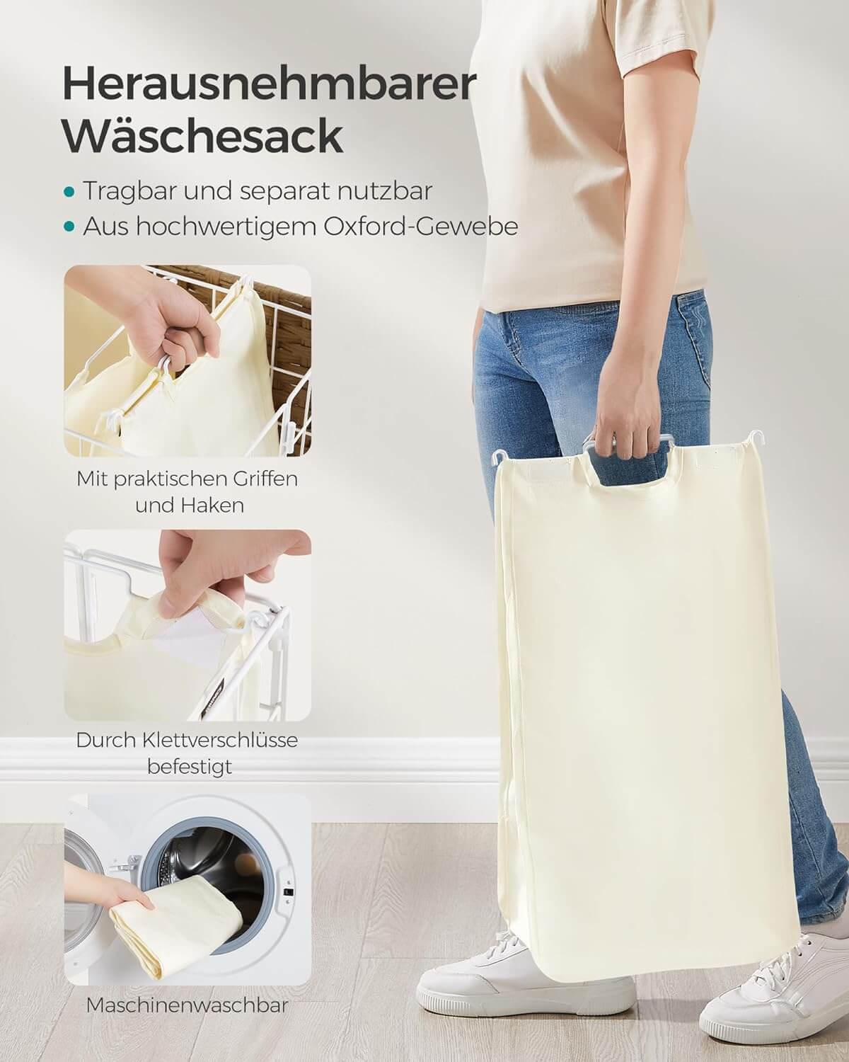 Songmics Τροχήλατο Αναδιπλούμενο Καλάθι Απλύτων με 3 Χωρίσματα και Καπάκι - 130 L - Natural Beige / Cream White - LCB313N01