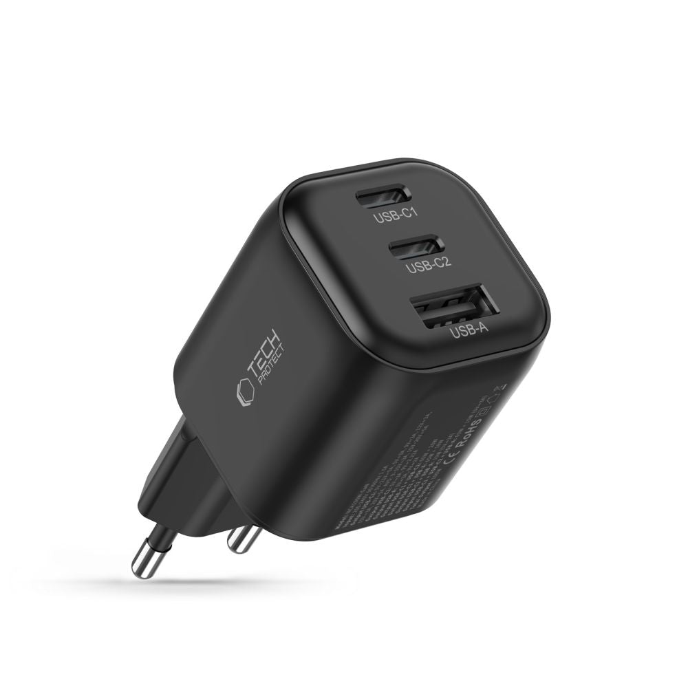 Tech-Protect Οικιακός Φορτιστής PD 3.2 με 1 Θύρα USB και 2 Θύρες Type-C 100W / QC3.0 - NCA100W-GaN - Black