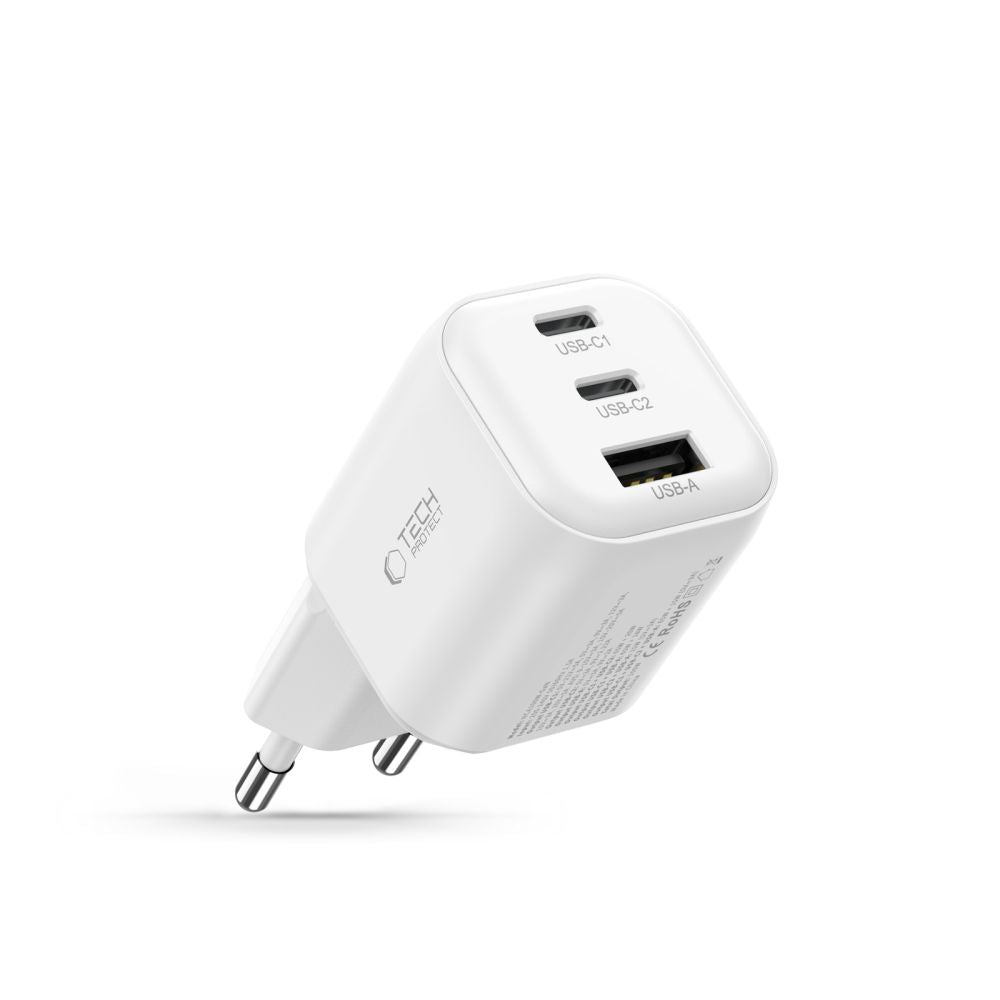 Tech-Protect Οικιακός Φορτιστής PD 3.2 με 1 Θύρα USB και 2 Θύρες Type-C 100W / QC3.0 - NCA100W-GaN - White