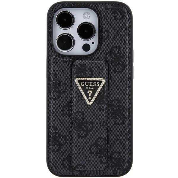 Guess iPhone 15 Pro Grip Stand 4G Triangle Strass Logo Θήκη με Επένδυση Συνθετικού Δέρματος και Stand - Black - GUHCP15LPGS4TDK
