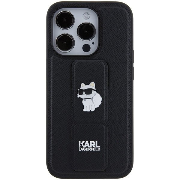 Karl Lagerfeld iPhone 15 Pro Max - Gripstand Saffiano Choupette Pin Σκληρή Θήκη με Επένδυση Συνθετικού Δέρματος και Stand - Black - KLHCP15XGSACHPK