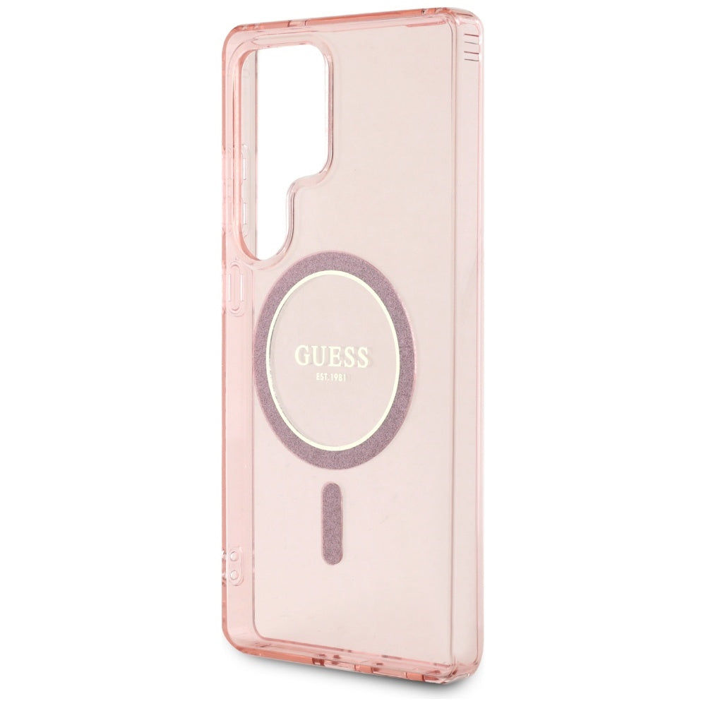Guess Samsung Galaxy S25 Ultra - Glitter Circle Classic Logo - MagSafe Σκληρή Θήκη με Πλαίσιο Σιλικόνης - Pink - GUHMS25LHFGEREP