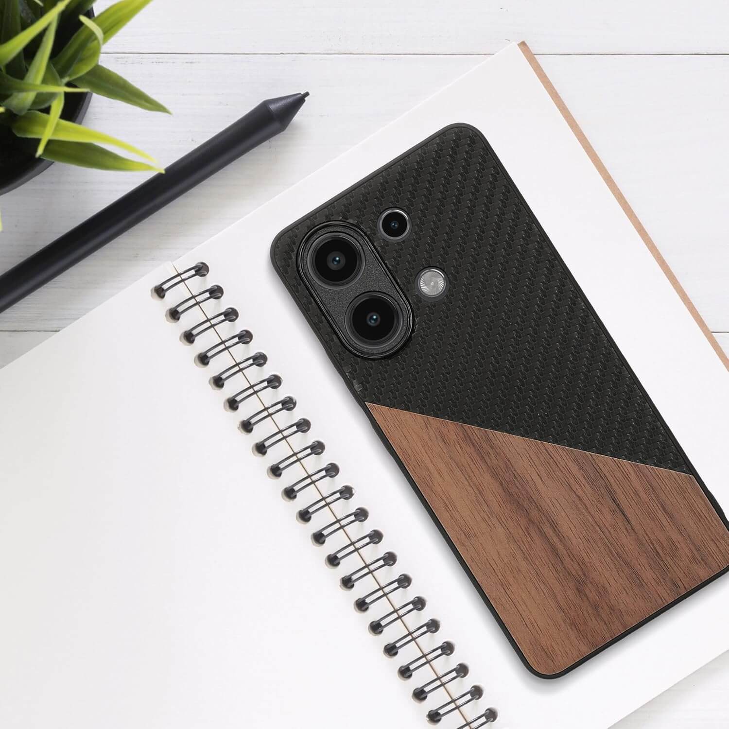 KW Xiaomi Redmi Note 13 4G Θήκη από Φυσικό Ξύλο και Carbon - Black / Dark Brown