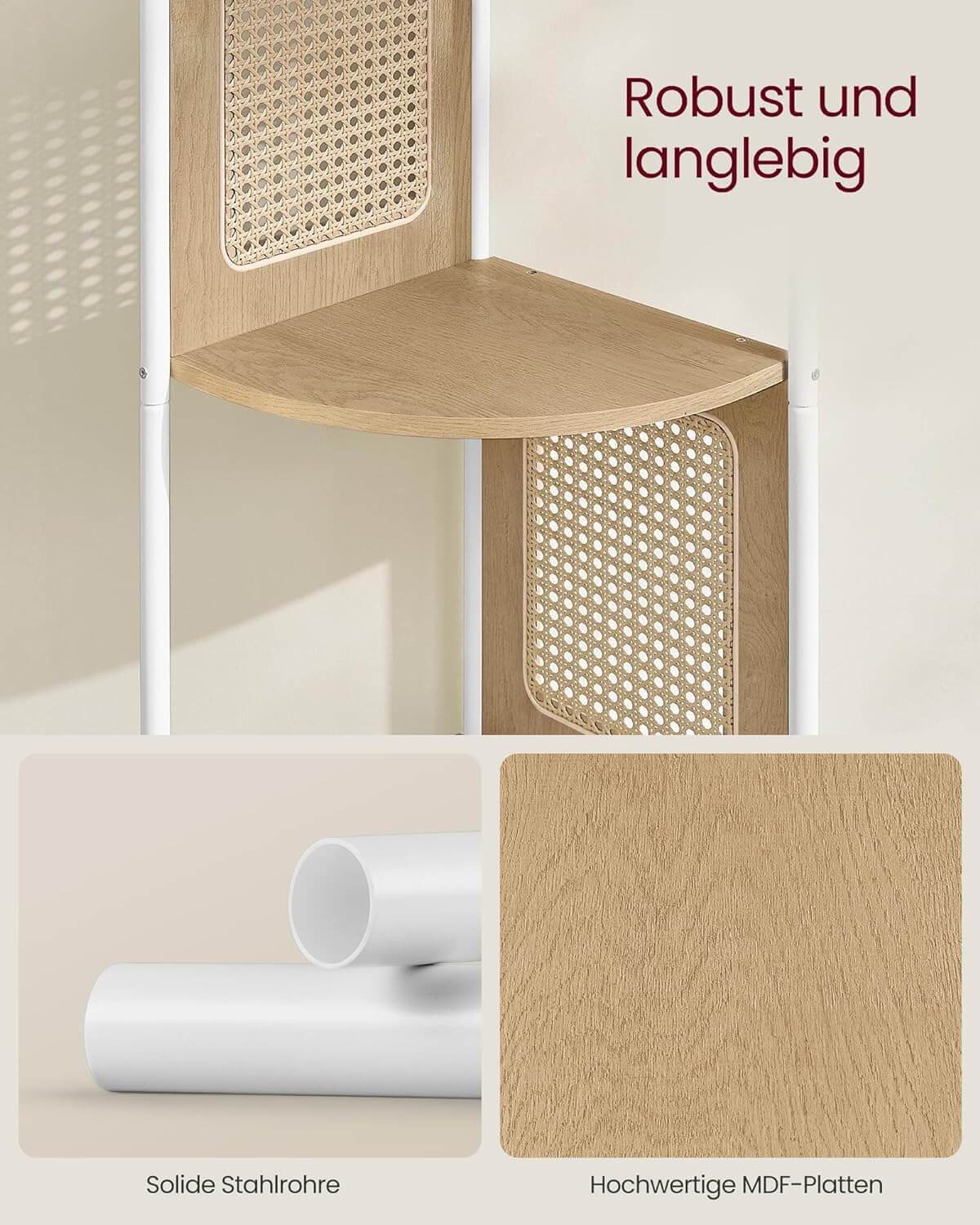 Vasagle Γωνιακή Ραφιέρα 5 Ραφιών με Πλαϊνά Πάνελ από Συνθετικό Rattan και Μεταλλικό Σκελετό - 31.9 x 31.9 x 156.4 cm - Oak Beige - LLS588Y57