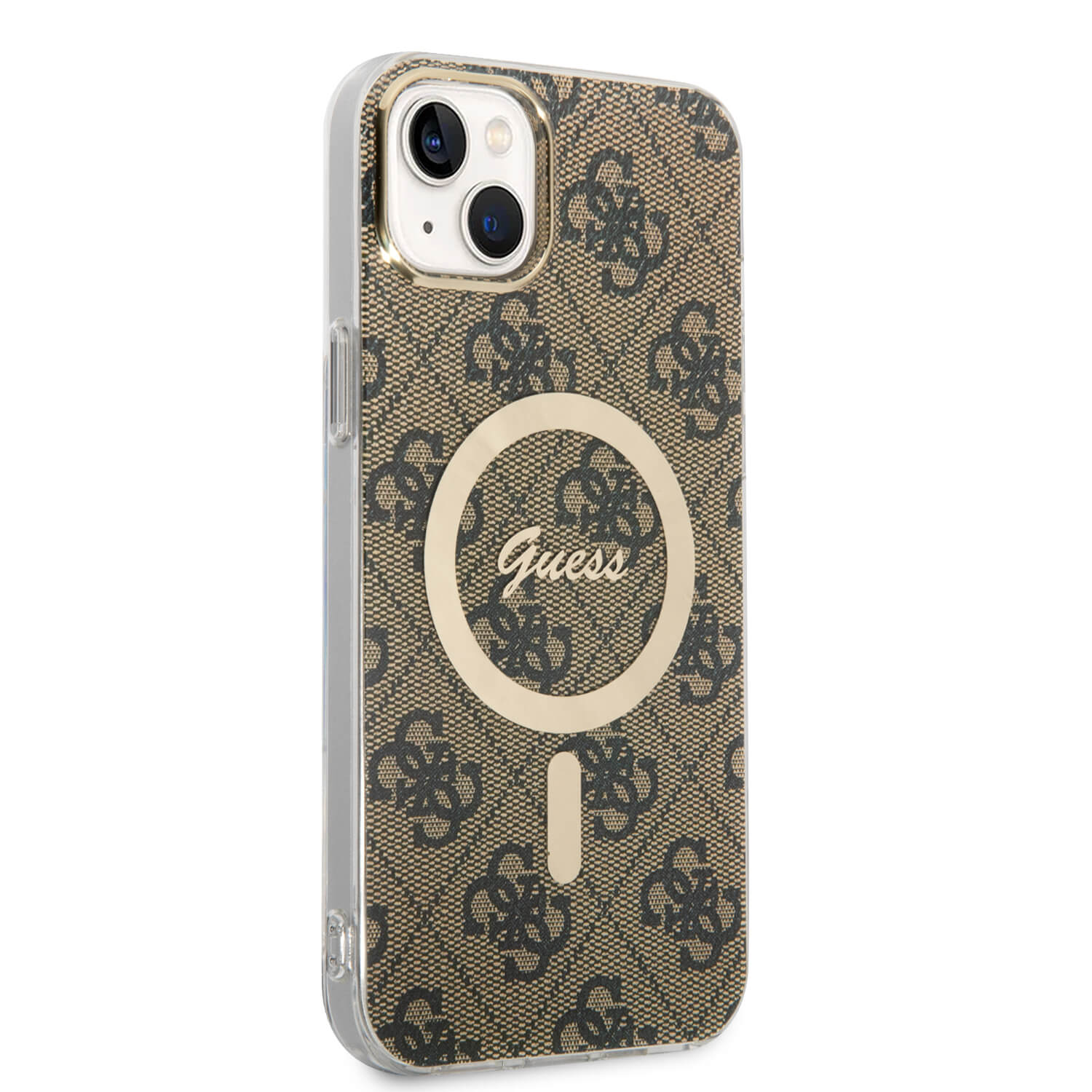 Guess iPhone 15 Plus / 14 Plus - Bundle Pack - Σετ Σκληρή Θήκη με Πλαίσιο Σιλικόνης και Ασύρματος Φορτιστής MagSafe - Design 4G Print MagSafe - Brown - GUBPP14MH4EACSW