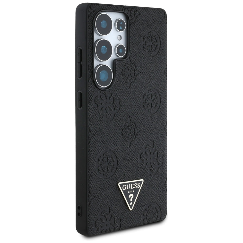 Guess Samsung Galaxy S25 Ultra - Grained Hot Stamp Peony Pattern Triangle Logo - MagSafe Σκληρή Θήκη με Πλαίσιο Σιλικόνης και Συνθετικό Δέρμα - Black - GUHMS25LPGBTMK