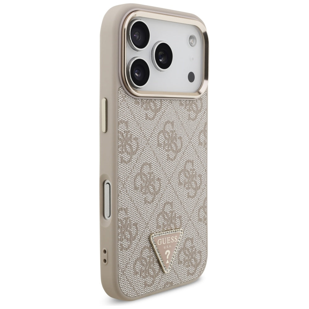 Guess iPhone 17 Pro - 4G Triangle Strass Logo MagSafe - Σκληρή Θήκη με Επένδυση Συνθετικού Δέρματος - Pink / Gold - GUHMP17LP4GTDGMP