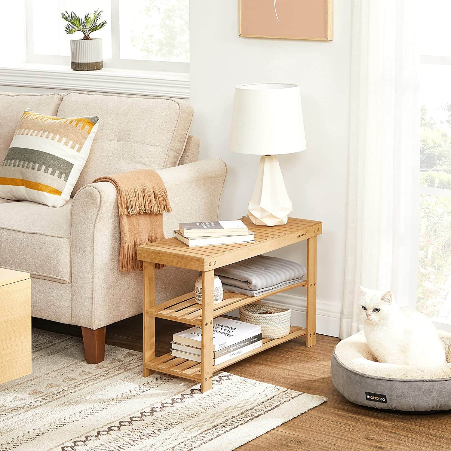 Songmics Παπουτσοθήκη από Μπαμπού με 3 Ράφια και Παγκάκι - Natural - LBS04N