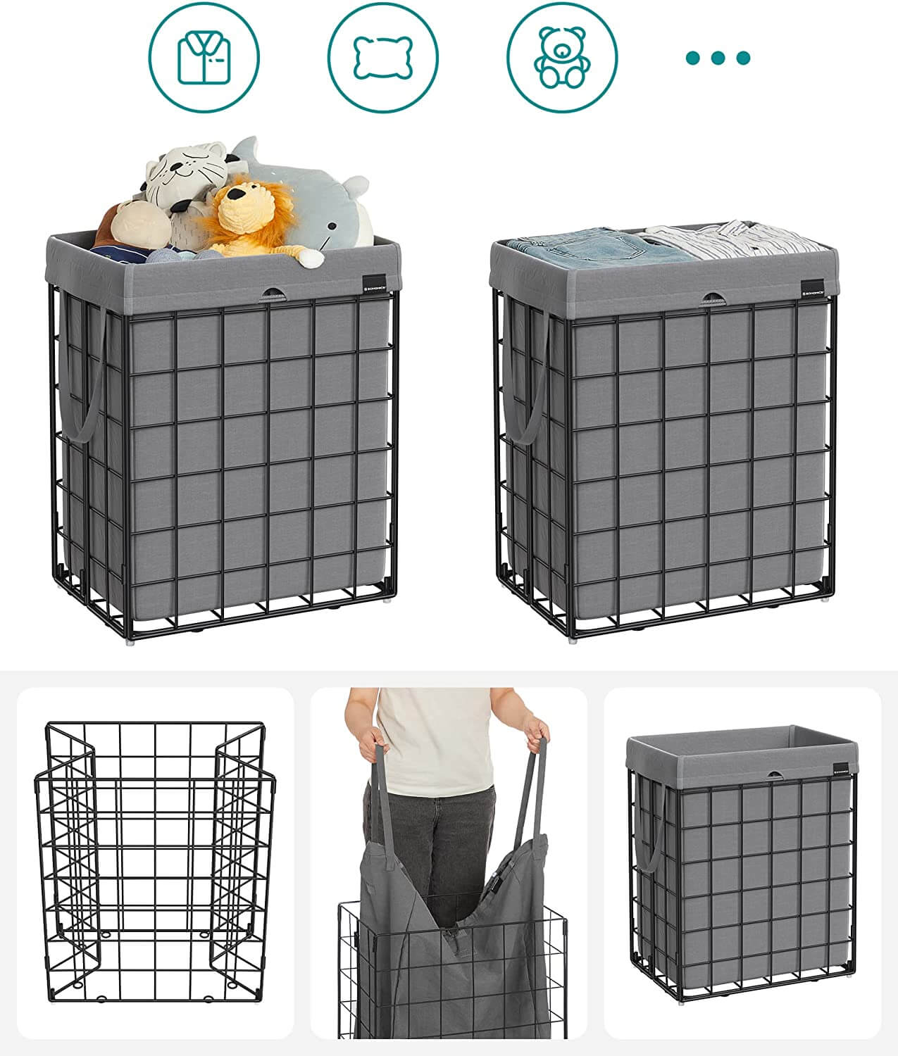 Songmics Καλάθι Απλύτων με Μεταλλικό Πλαίσιο - 90L - Black / Grey - LCB190G01