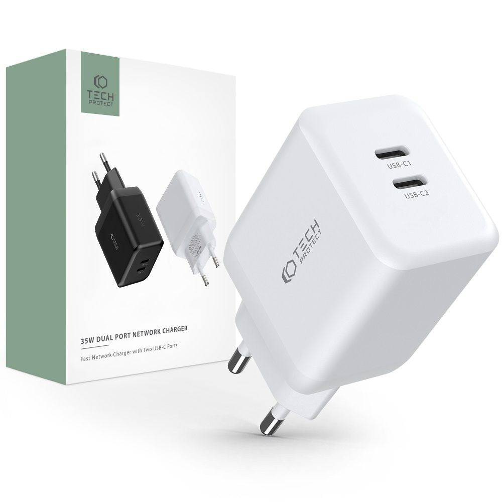 Tech-Protect C35W Οικιακός Φορτιστής Γρήγορης Φόρτισης με 2 Θύρες Type C PD35W - White