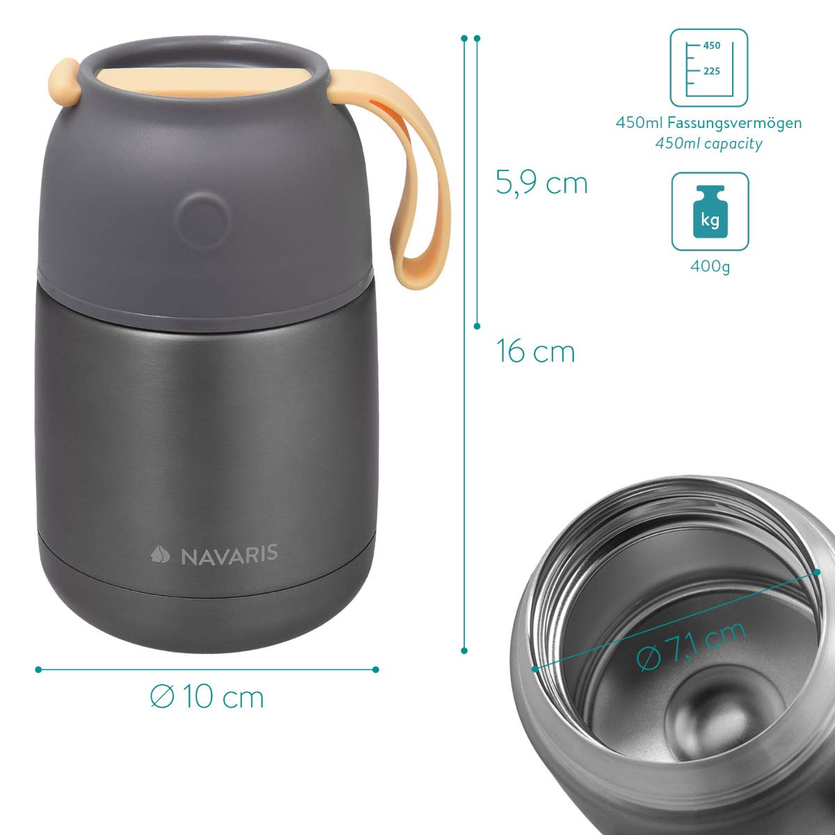 Navaris Vacuum Insulated Food Jar Θερμός από Ανοξείδωτο Ατσάλι με Καπάκι - Δοχείο Για Φαγητό - 450ml - Dark Gray - 47325.1.19