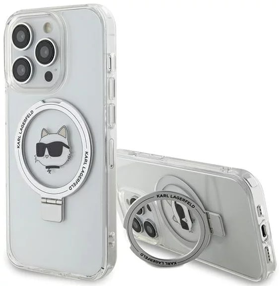 Karl Lagerfeld iPhone 15 Pro Max Ring Stand Choupette Head MagSafe Σκληρή Θήκη με Πλαίσιο Σιλικόνης και MagSafe - Διάφανη / Silver - KLHMP15XHMRSCHH