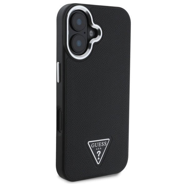 Guess iPhone 16 Plus - Grained Triangle MagSafe - Σκληρή Θήκη με Επένδυση Συνθετικού Δέρματος και Πλαίσιο Σιλικόνης - Black - GUHMP16MPGTSPSK