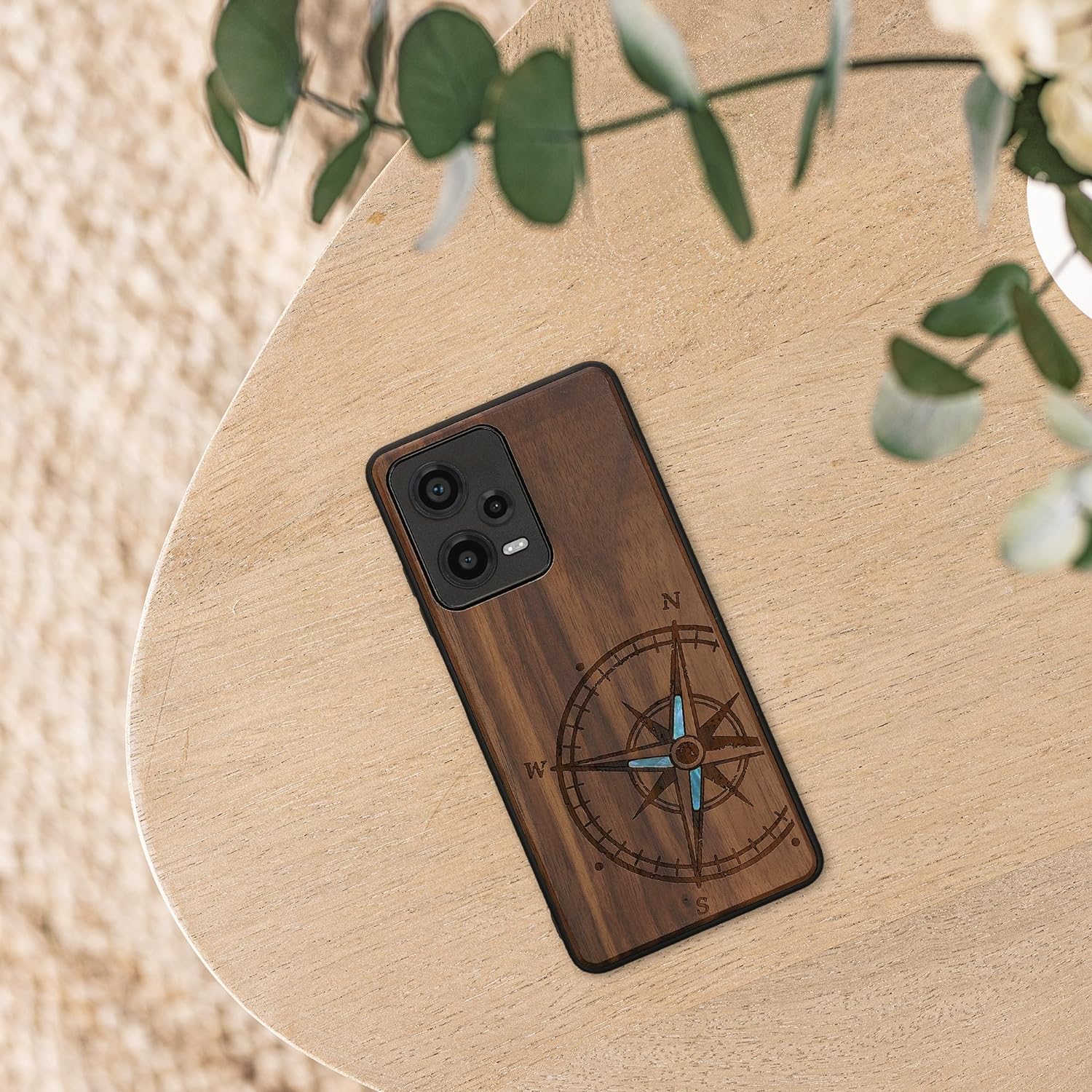 KW Xiaomi Redmi Note 12 Pro Θήκη από Φυσικό Ξύλο - Design Navigational Compass Mother of Pearl - Dark Brown