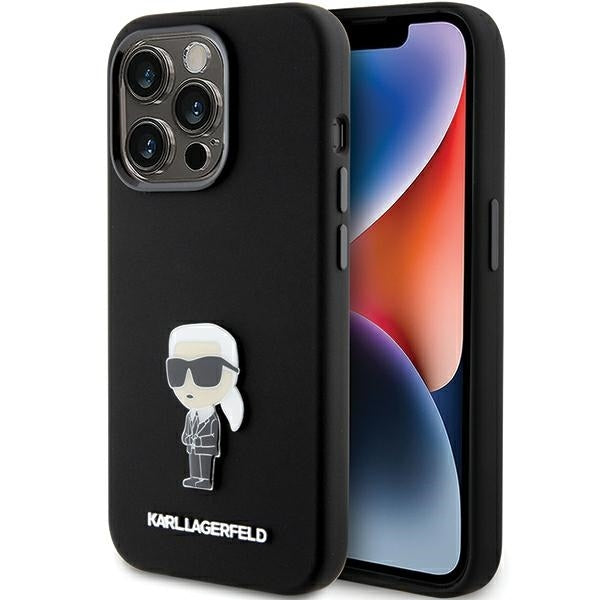 Karl Lagerfeld iPhone 15 Pro - Silicone Ikonik Metal Pin Σκληρή Θήκη με Πλαίσιο Σιλικόνης - Black - KLHCP15LSMHKNPK