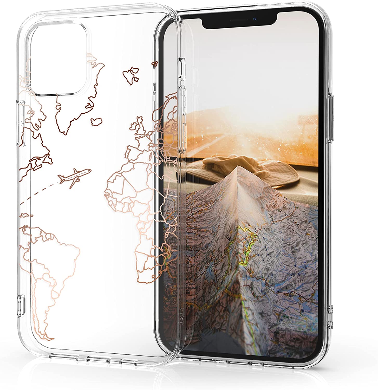 KW iPhone 12 Pro Max Θήκη Σιλικόνης TPU Design Travel Aeroplane - Rose Gold / Διάφανη - 53037.05