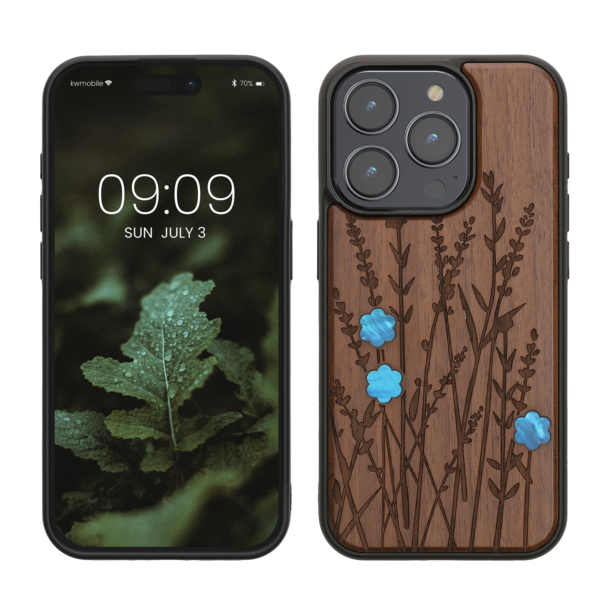 KW iPhone 15 Pro Θήκη από Φυσικό Ξύλο - Design Wild Flowers Pearl - Dark Brown