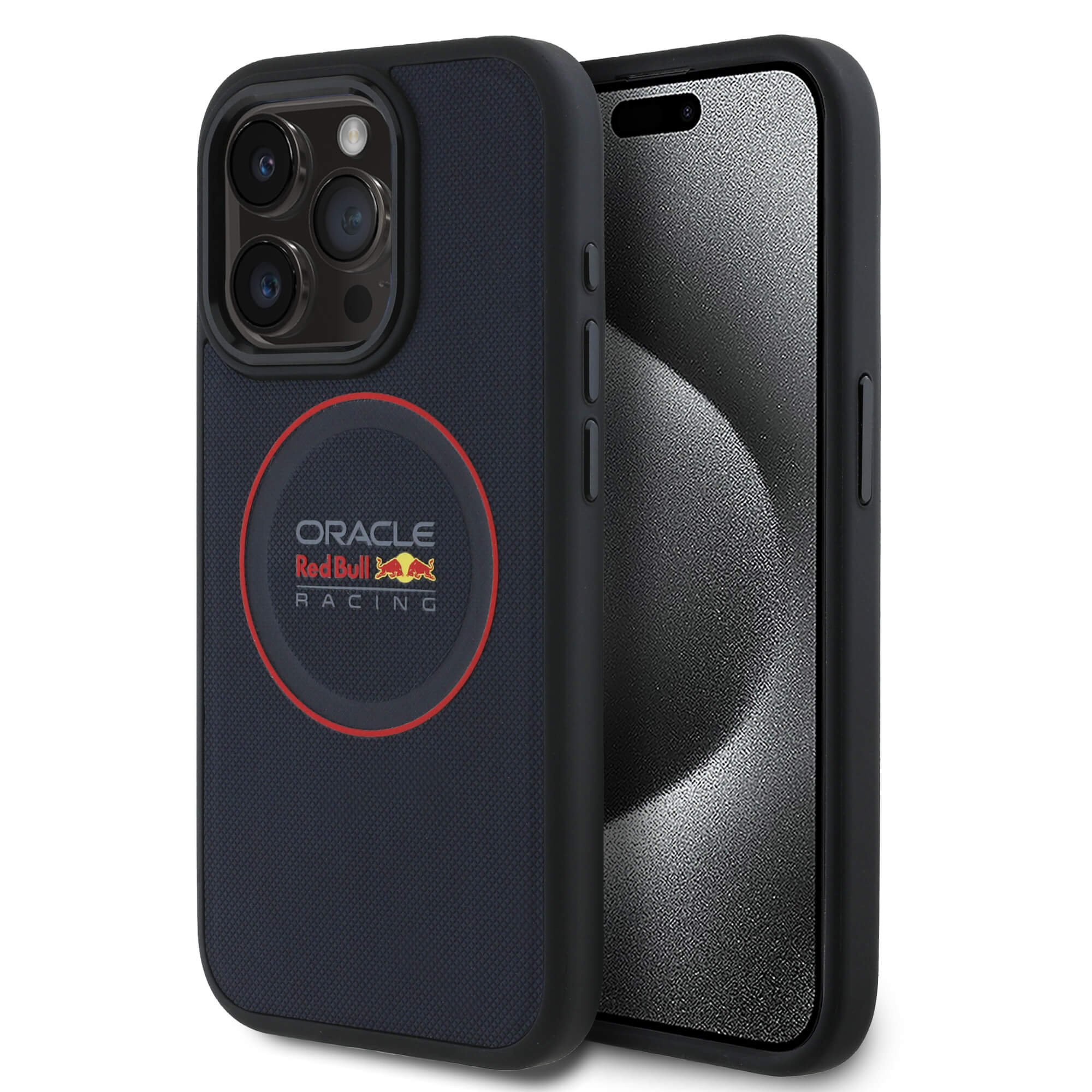 Red Bull iPhone 15 Pro Max - Leather Red Ring - MagSafe Σκληρή Θήκη με Επένδυση Συνθετικού Δέρματος και Πλαίσιο Σιλικόνης - Navy - RBHMP15X24PUILVR