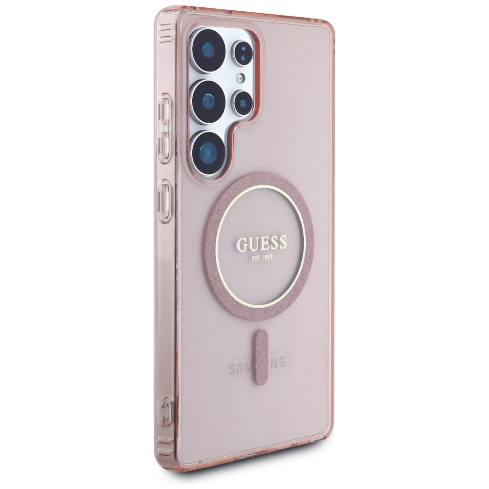 Guess Samsung Galaxy S25 Ultra - Glitter Circle Classic Logo - MagSafe Σκληρή Θήκη με Πλαίσιο Σιλικόνης - Pink - GUHMS25LHFGEREP