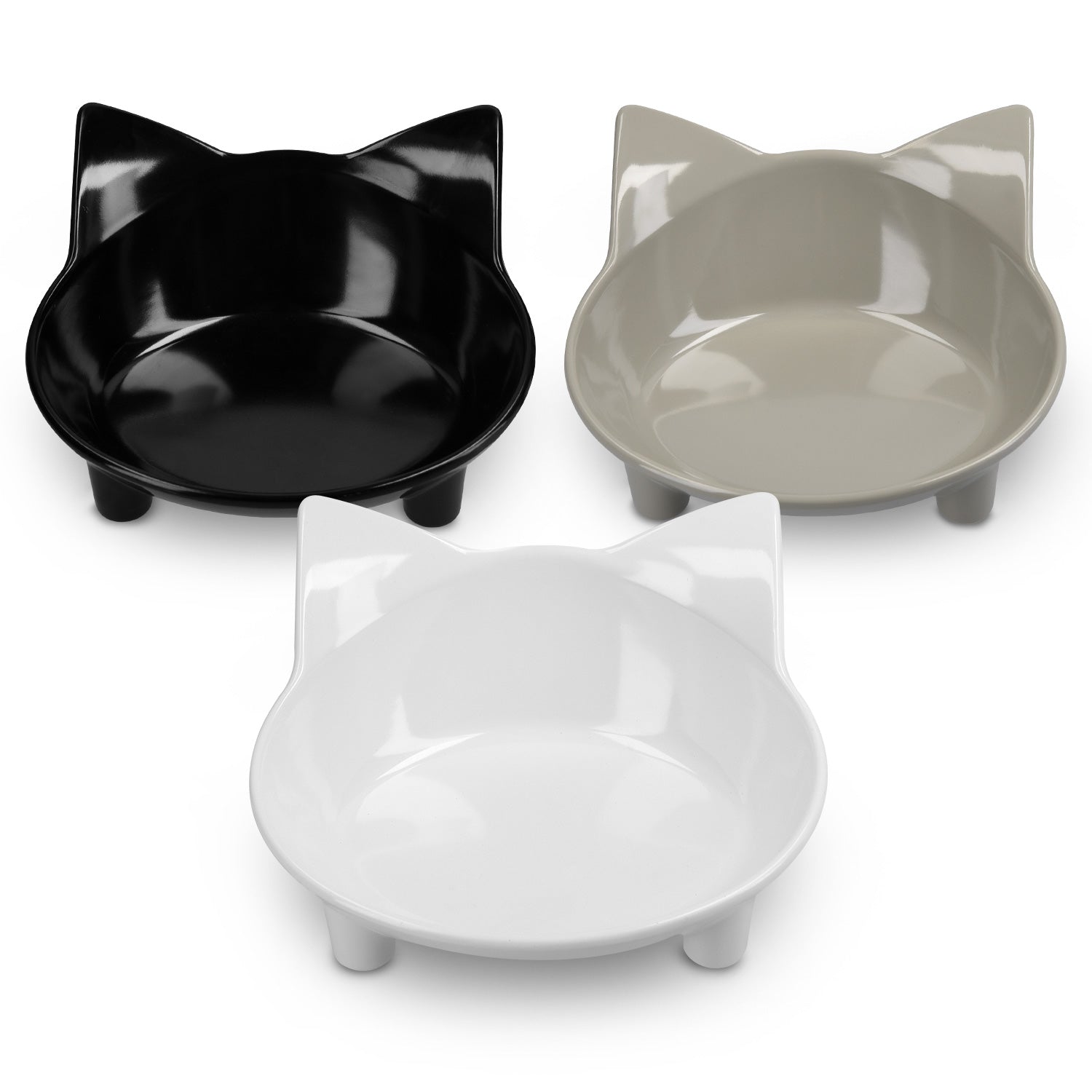 Navaris Cat Bowls with Ears Set of 3 - Σετ με 3 Μπολ Φαγητού και Νερού 210 ml σε Σχήμα Γάτας - Black / Grey / White - 50737.03