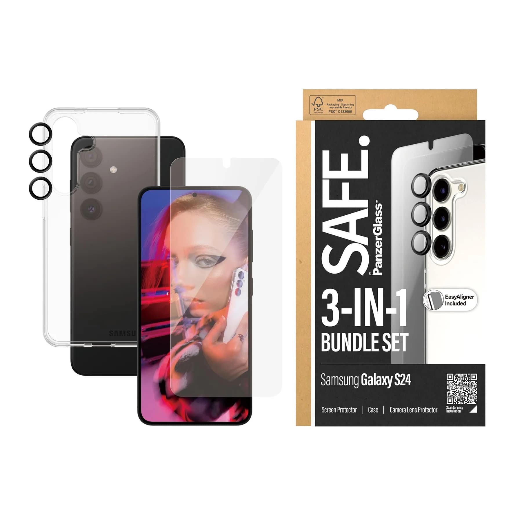 Safe by PanzerGlass Samsung Galaxy S24 - 3-in-1 Bundle Set - Σετ με 1 Αντιχαρακτικό Γυαλί Οθόνης, 1 Αντιχαρακτικό Γυαλί για την Κάμερα και 1 Θήκη Σιλικόνης - Clear