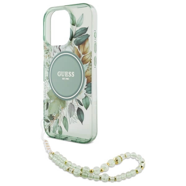 Guess iPhone 16 Pro Max - IML Flowers With Pearl Strap MagSafe - Σκληρή Θήκη με Πλαίσιο Σιλικόνης και Λουράκι - Green - GUHMP16XHFWBRCESN