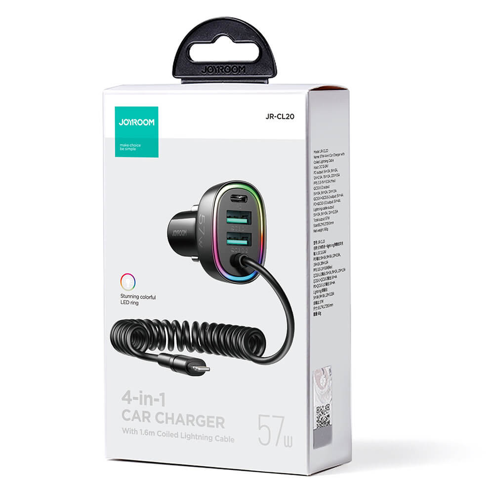 Joyroom JR-CL20 4in1 Fast Car Charger 57W Φορτιστής Αυτοκινήτου με 2 Θύρες USB, 1 Θύρα Type-C και Καλώδιο Lightning 1.6m - Black