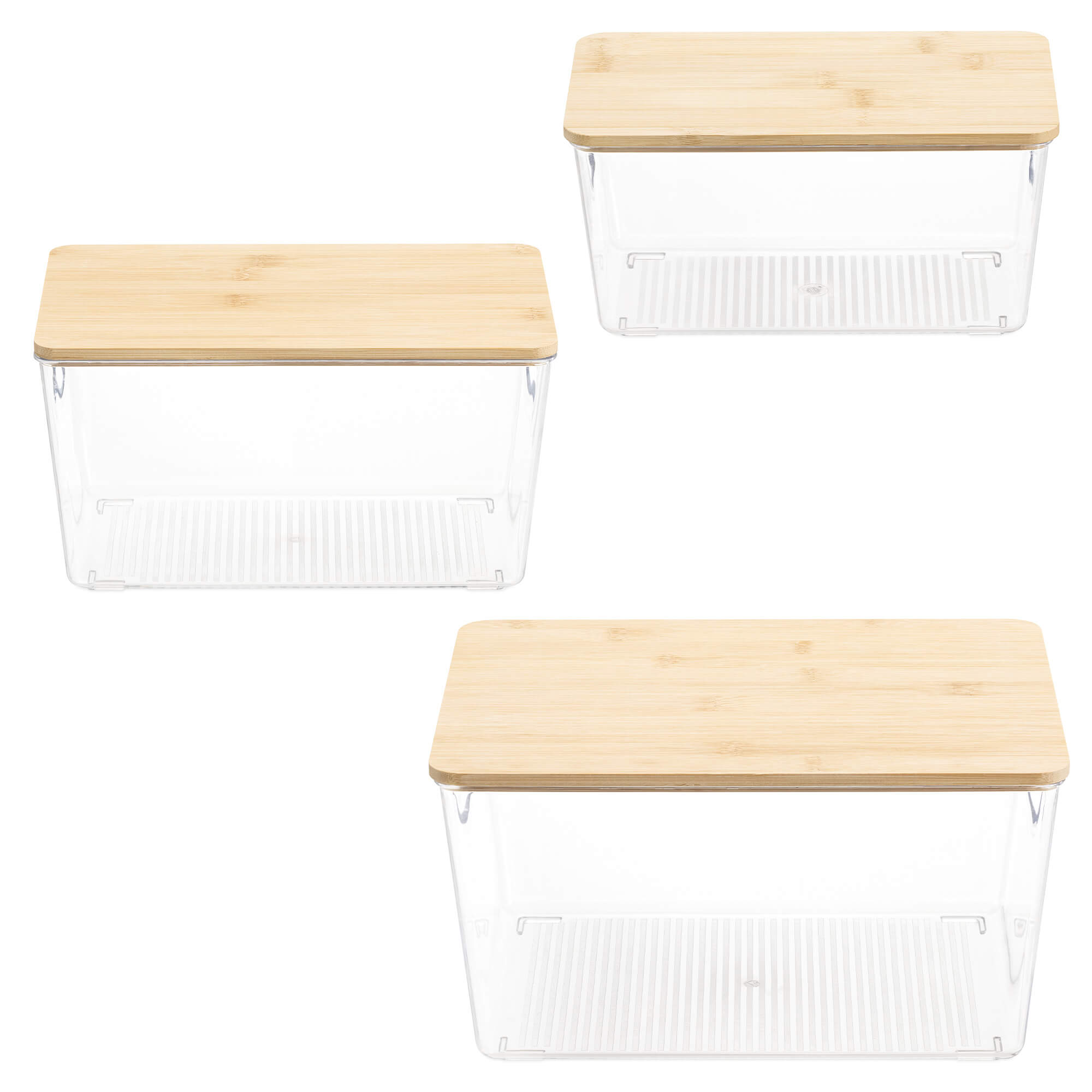 Navaris Σετ με 3 Πλαστικά Δοχεία Αποθήκευσης με Καπάκι από Μπαμπού - Διάφανα / Light Brown - 57032.01